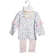Wholesale - Pink/Floral Long Sleeve Bodysuit with Ruffles, Pants, and 3PK Headband Baby Apparel Set Shabby Chic C/P 48, UPC: 195010105002